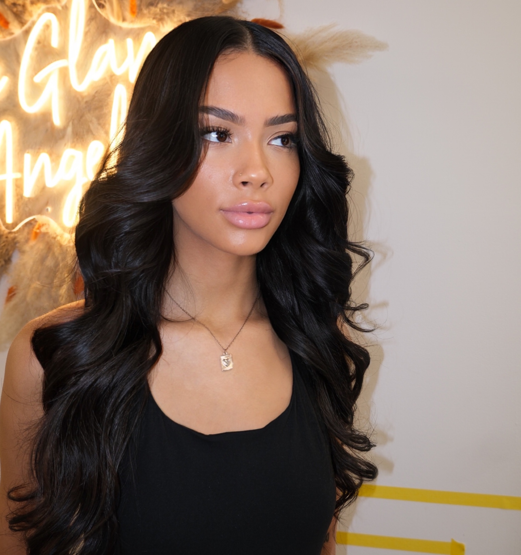Crowned Essence client install — jet black barrel curls